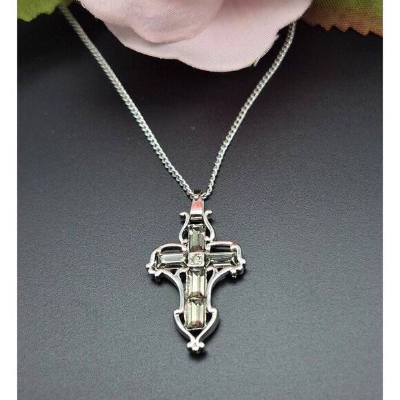 Annaleece Silver Tone Reversible Cross Pendant Necklace Crystal 18" Religious - Picture 1 of 11